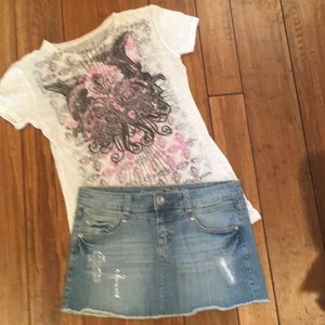 Cowgirl Tuff cutoff jean skirt & Sanctify tee